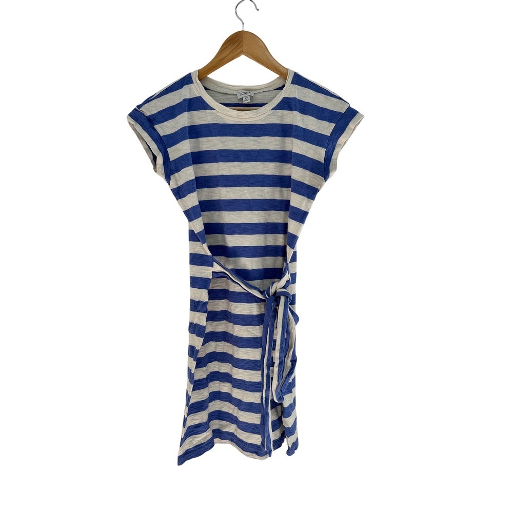 J.Crew Cotton Tie Waist T-Shirt Dress XS Blue White Striped Casual Beach